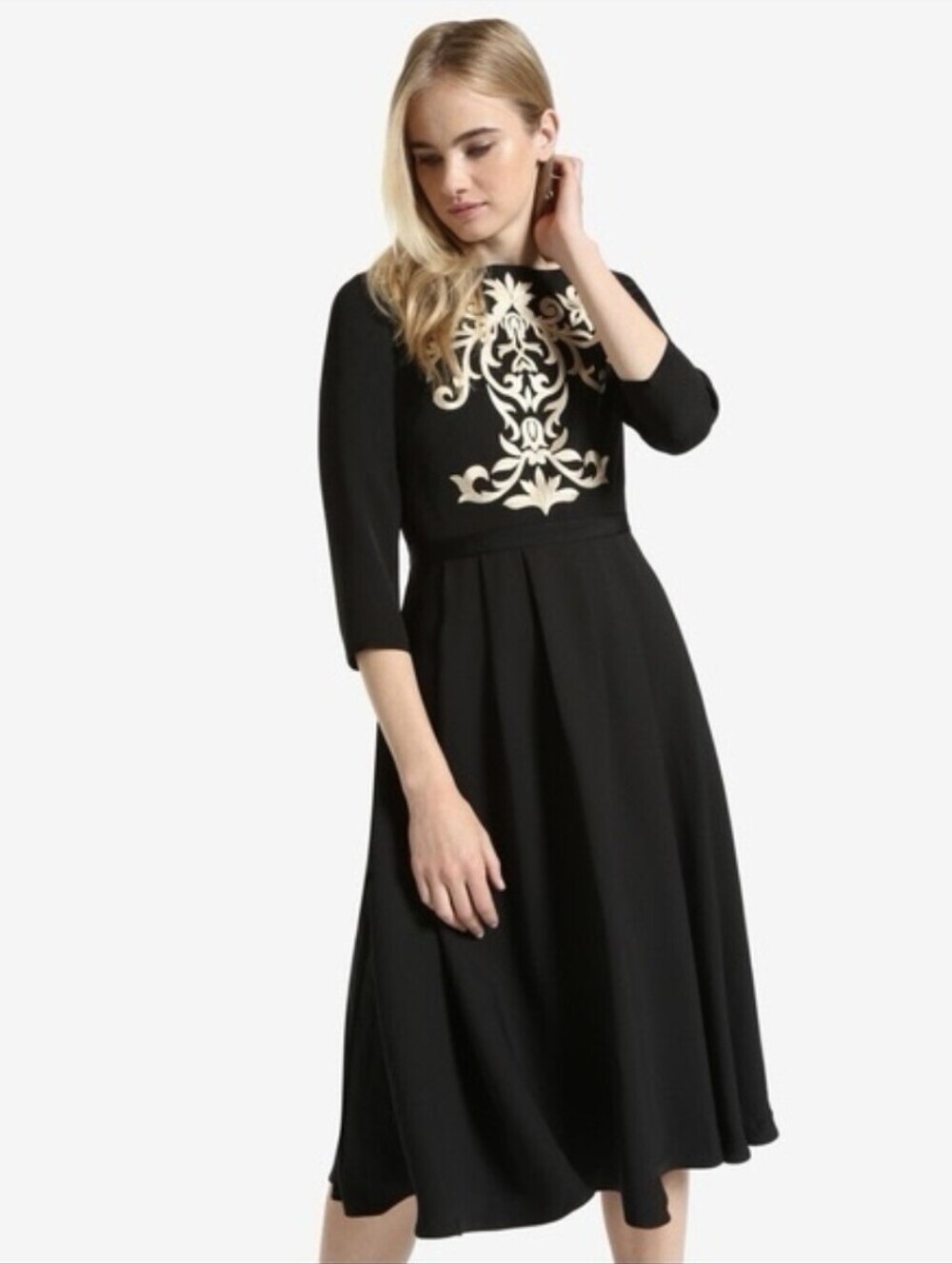 Ted Baker London Black Shamari Midi Dress with Gold Embroidered Size 4
